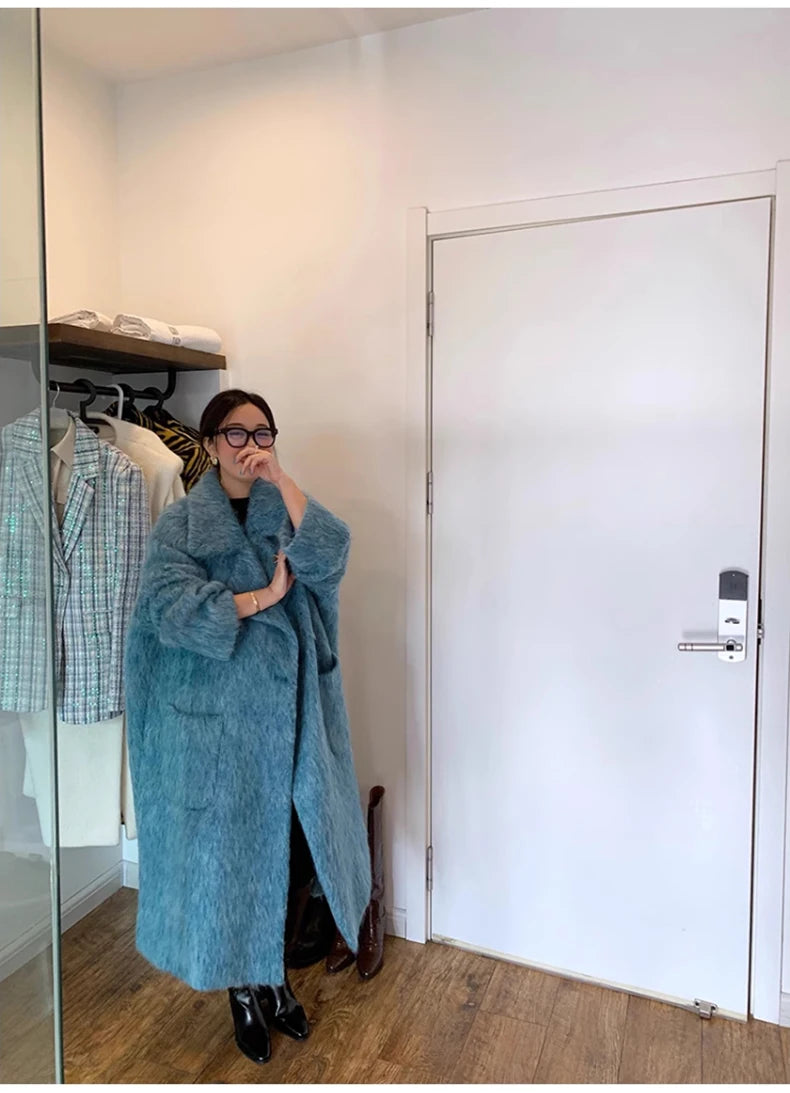 Lautaro Winter Long Blue Fluffy Oversized Warm Wool & blends Coat for Women Single Button Pockets Luxury Clothes Woolen Overcoat