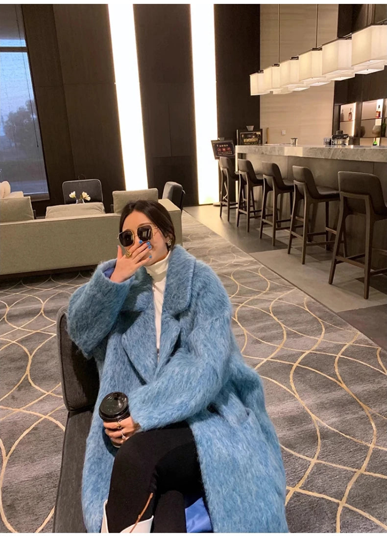 Lautaro Winter Long Blue Fluffy Oversized Warm Wool & blends Coat for Women Single Button Pockets Luxury Clothes Woolen Overcoat