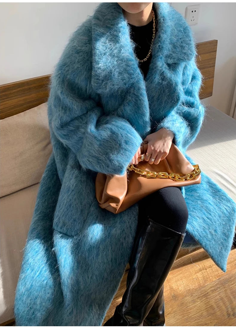 Lautaro Winter Long Blue Fluffy Oversized Warm Wool & blends Coat for Women Single Button Pockets Luxury Clothes Woolen Overcoat