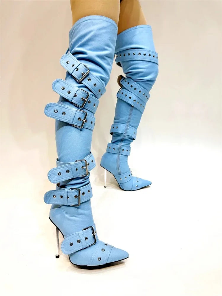 Blue Denim Metal Rivet Buckle Silvery Over Knee Boots Women Sexy Punk Style Silver Belt Buckle 12cm High Heel Sandals Size 34-43