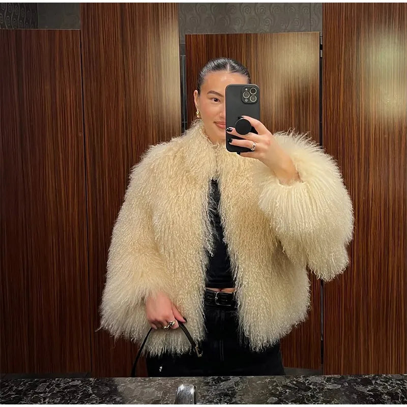 Fashion Solid Plush Faux Fur Coat Women Elegant Warm Long Sleeves Loose Jacket 2025 Lady Winter Chic High Street Outerwear ﻿