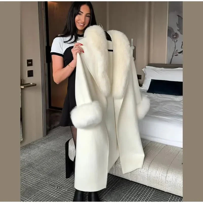 Retro Black Fur Patchwork Woolen Coat Women Chic Full Sleeve V-neck Lace Up Loose Long Overcoat 2025 Lady Winter Commute Outwear