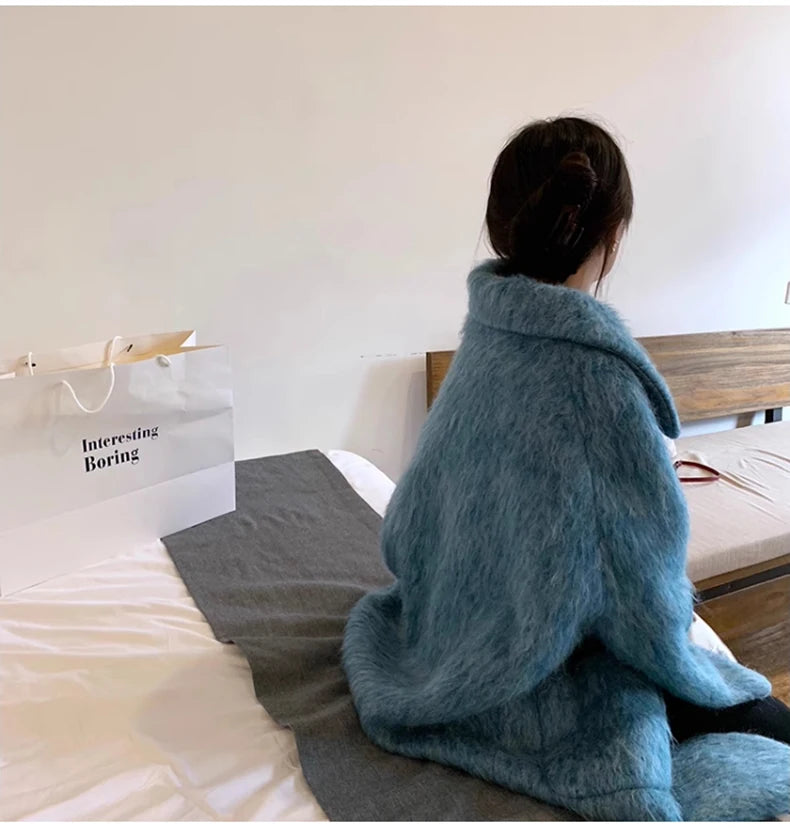 Lautaro Winter Long Blue Fluffy Oversized Warm Wool & blends Coat for Women Single Button Pockets Luxury Clothes Woolen Overcoat