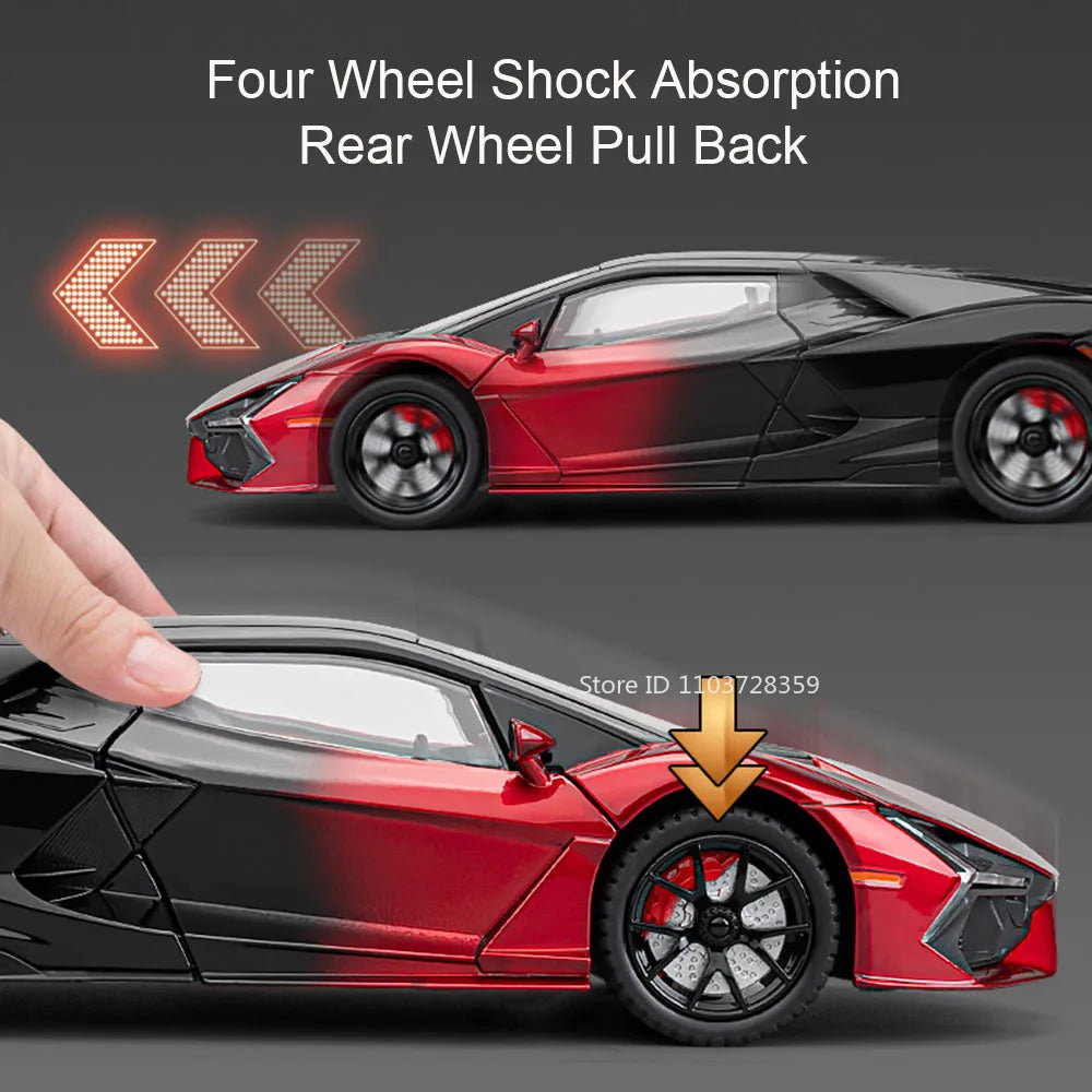1:24 Scale REVUELTO Miniature Model Toy Sports Cars Alloy Diecast Supercars Sound Light Doors Opened Pull Back for Kids Gifts