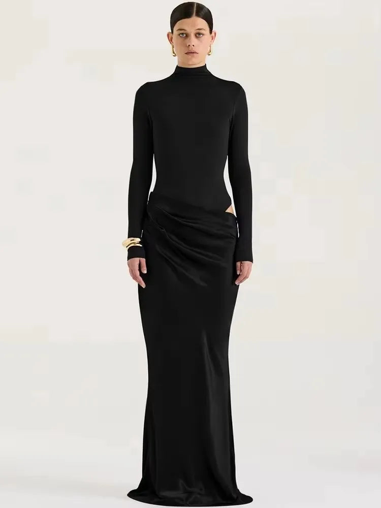 JULISSA MO Patchwork Satin Sexy One Shoulder Women Maxi Dress Brown Sleeveless Evening Dress Summer Slim Elegant Party Clubwear