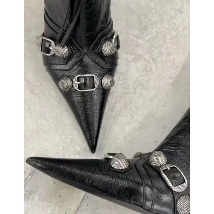 New 2024 Brand Design Knee High Boots Fashion Rivet Pointed Thin Heel Women's Boots 34-43 Fashion Hot Girls Denim Model Boots