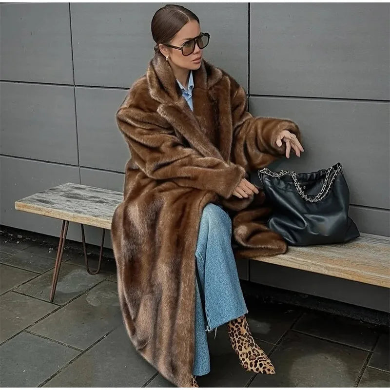 Woman Mixed Color Long Faux Fur Coat Fashion Lapel Collar Full Sleeve Loose Overcoat 2025 Winter Lady Warm High Street Outwear