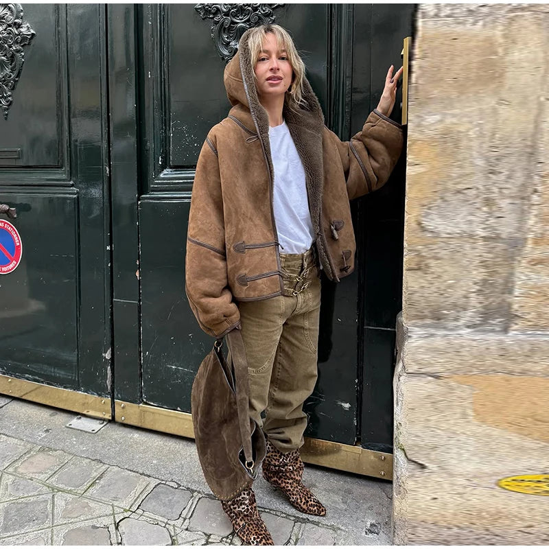 Hooded Patchwork Leather Jacket Woman Solid Color Long Sleeves Loose Single Breasted Coat Casual Street Women's New Warm Jackets