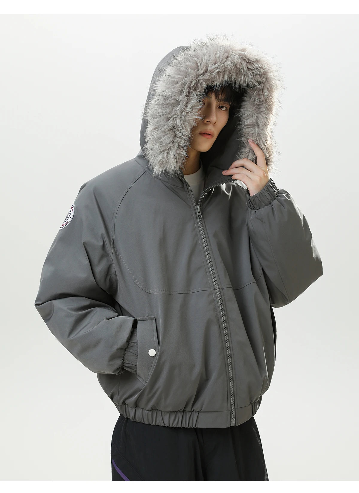 HANGRY 2025 Men's Detachable Fur Hood Parka Short Box Quilted Jacket Water-Resistant Workwear Winter Coat Thermal Insulated