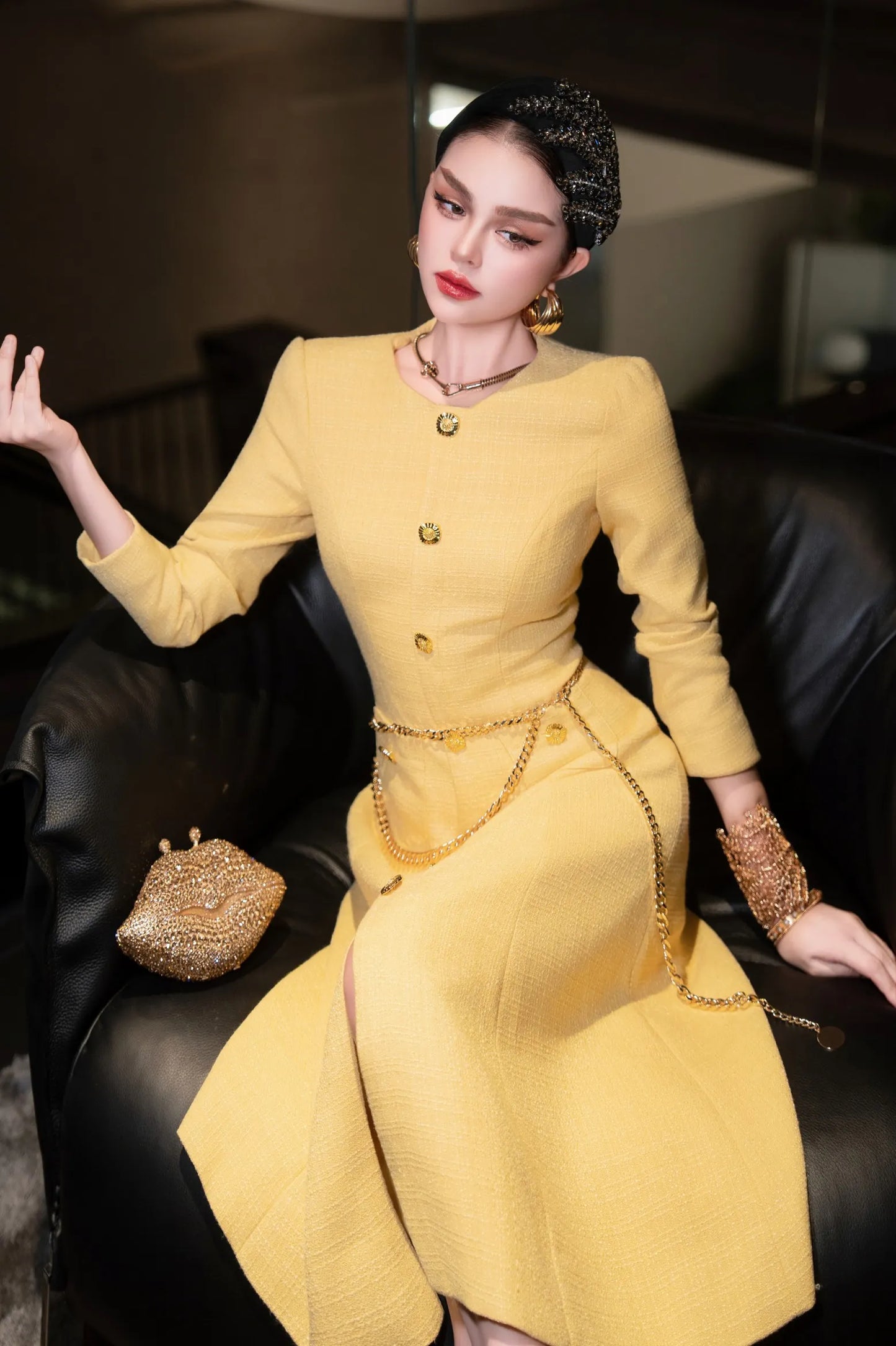 ZJYT New Arrivals Autumn Dresses for Women 2025 Elegant Designer Long Sleeve Single Breasted Party Yellow Dress with Belt