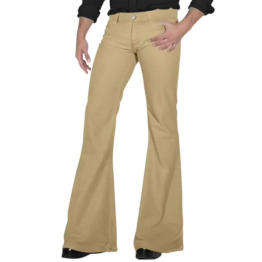 Fashion Men's Retro Flare Pants Solid Color Mid-Rise Trousers Casual Classic 70s Men Bell Bottom Zipper Fly Long Trousers