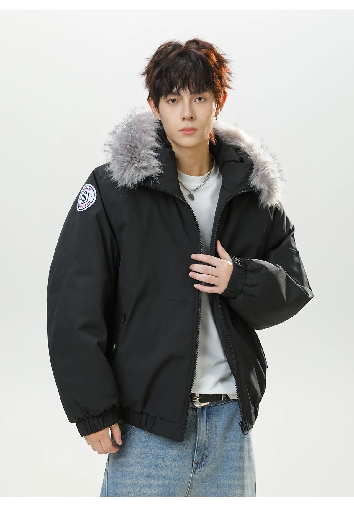 HANGRY 2025 Men's Detachable Fur Hood Parka Short Box Quilted Jacket Water-Resistant Workwear Winter Coat Thermal Insulated