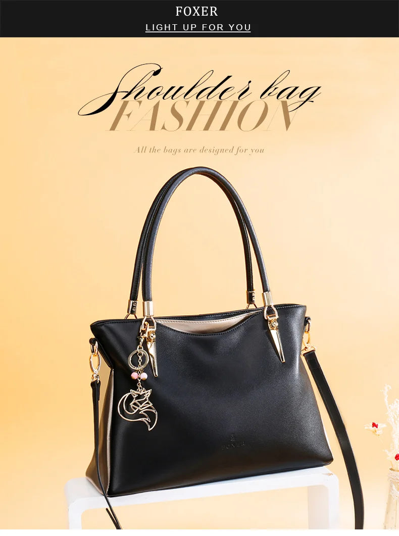 FOXER Elegant Women Shoulder Tote Bag Cowhide Fashion Luxury Design Female Handbag Purse Festival Gift for Wife,Mom