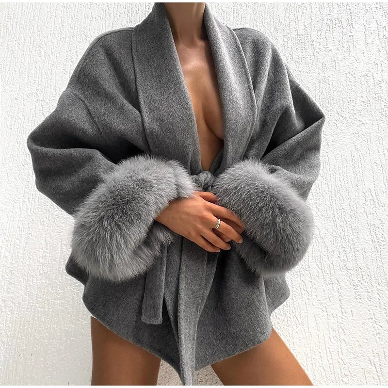 Elegant Lace Up Woolen Coat Women Solid Loose Lapel Furry Belt Long Sleeve Short Jacket 2025 Autumn Winter Lady Cardigan Outwear