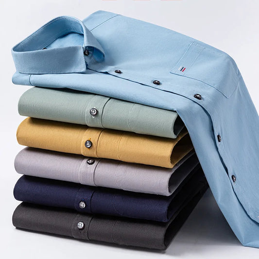 7XL Solid Color 100 Cotton Long Sleeve Shirt Men Business Casual White Shirt Black Blue Men Shirt Long Sleeve Slim Fit Pocket