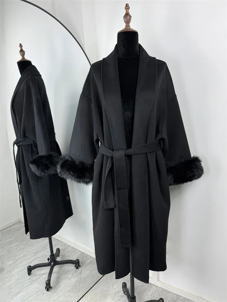 Retro Black Fur Patchwork Woolen Coat Women Chic Full Sleeve V-neck Lace Up Loose Long Overcoat 2025 Lady Winter Commute Outwear
