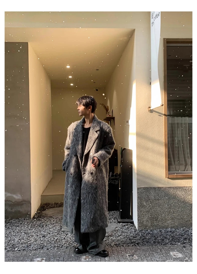 Mauroicardi Autumn Winter Oversized Long Thicken Warm Grey Woolen Coat Men Shoulder Pads Double Breasted Wool & Blends Overcoat