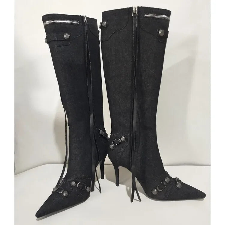 New 2024 Brand Design Knee High Boots Fashion Rivet Pointed Thin Heel Women's Boots 34-43 Fashion Hot Girls Denim Model Boots