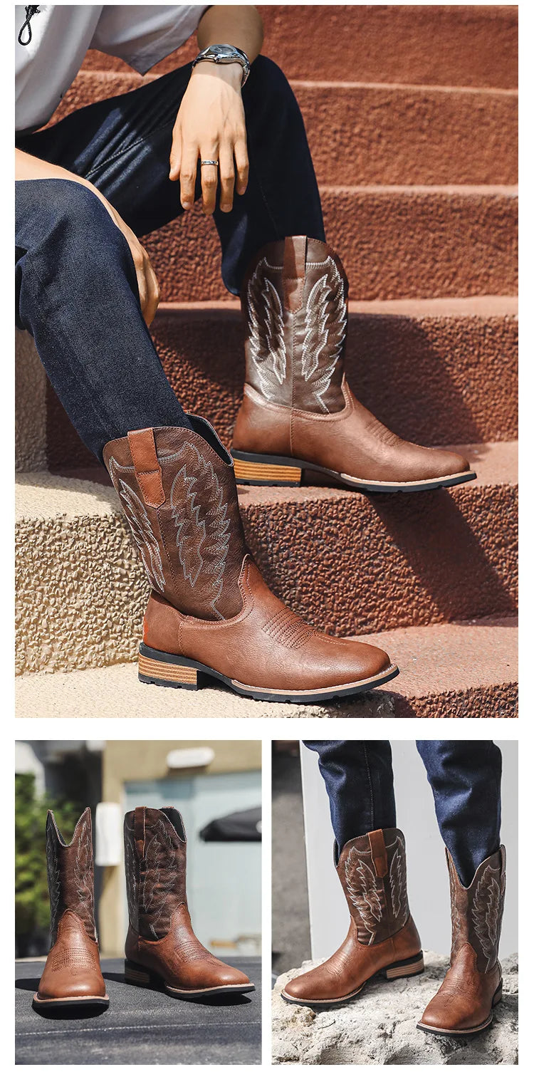 Vintage Embroidery Men's Cowboy Boots High Top Motorcycle Boots Men Shoes Fashion Square Toe Warm Boots