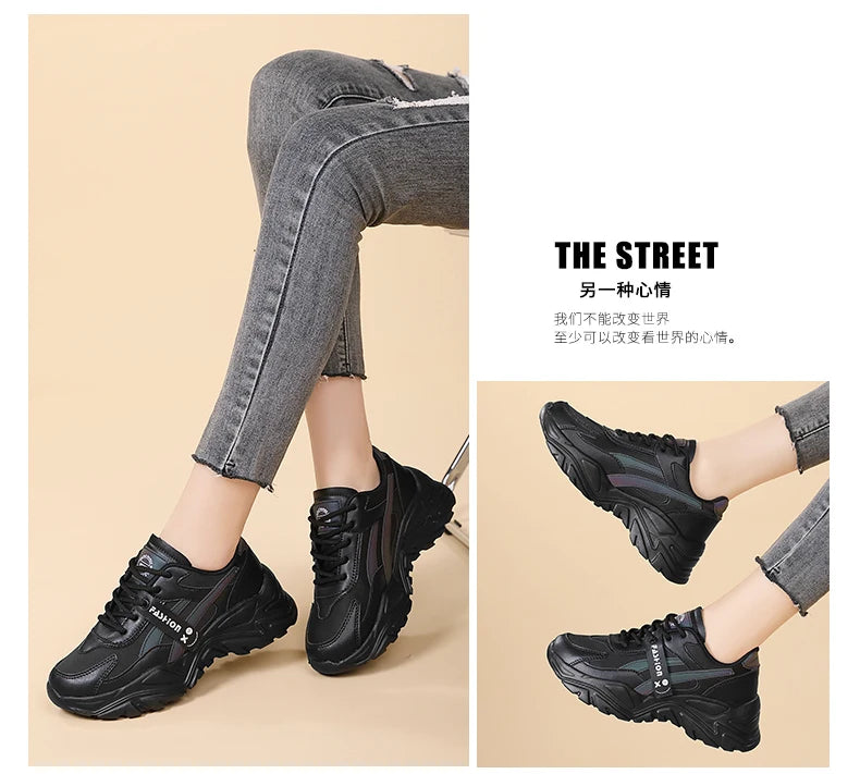 Casual Leather Sneakers for Women Autumn Winter Comfortable Walking Shoes Fashion Patchwork Thick Bottom Sports Shoes Female