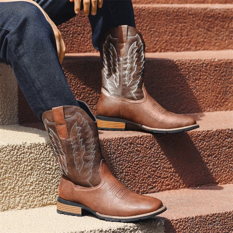 Vintage Embroidery Men's Cowboy Boots High Top Motorcycle Boots Men Shoes Fashion Square Toe Warm Boots
