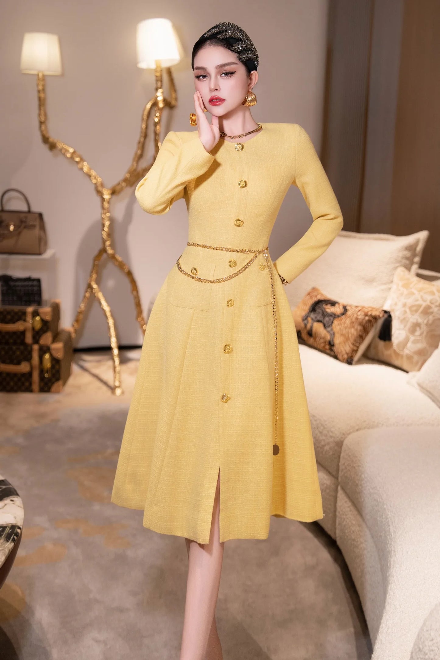 ZJYT New Arrivals Autumn Dresses for Women 2025 Elegant Designer Long Sleeve Single Breasted Party Yellow Dress with Belt