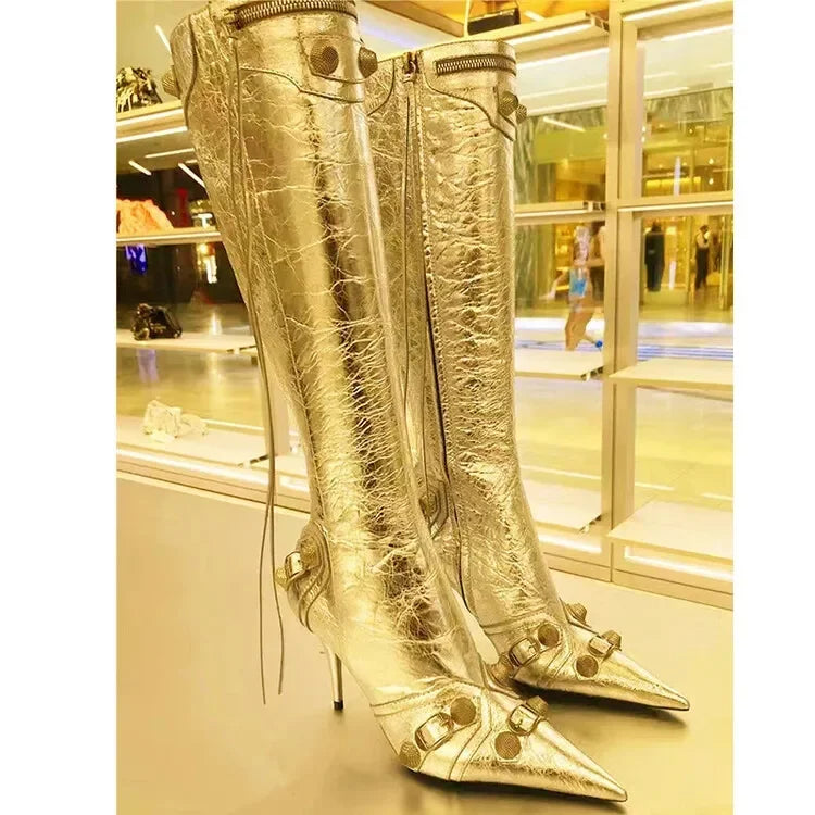 New 2024 Brand Design Knee High Boots Fashion Rivet Pointed Thin Heel Women's Boots 34-43 Fashion Hot Girls Denim Model Boots