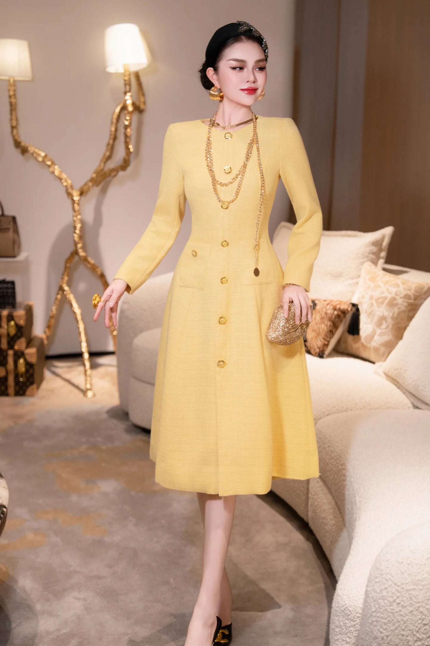 ZJYT New Arrivals Autumn Dresses for Women 2025 Elegant Designer Long Sleeve Single Breasted Party Yellow Dress with Belt