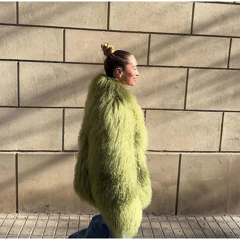 Fashion Solid Plush Faux Fur Coat Women Elegant Warm Long Sleeves Loose Jacket 2025 Lady Winter Chic High Street Outerwear ﻿