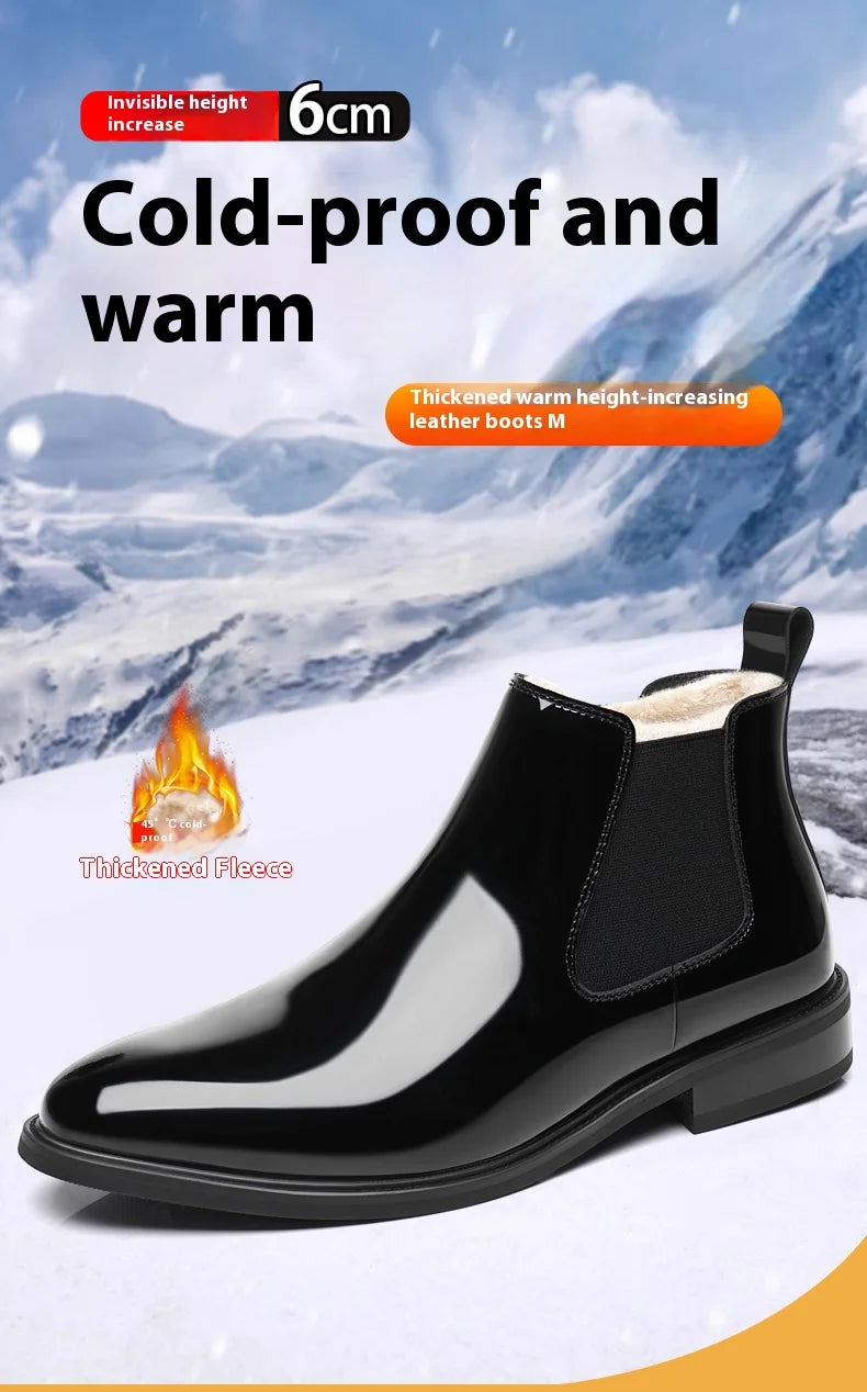 Height Increase Men's Shiny Leather Boots Pointed Formal Elevator Shoes Office Business Snow Boots Chelsea Winter Cotton Boots