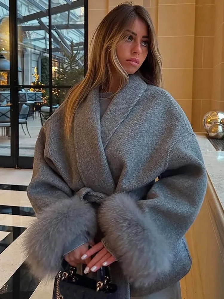 Retro Black Fur Patchwork Woolen Coat Women Chic Full Sleeve V-neck Lace Up Loose Long Overcoat 2025 Lady Winter Commute Outwear