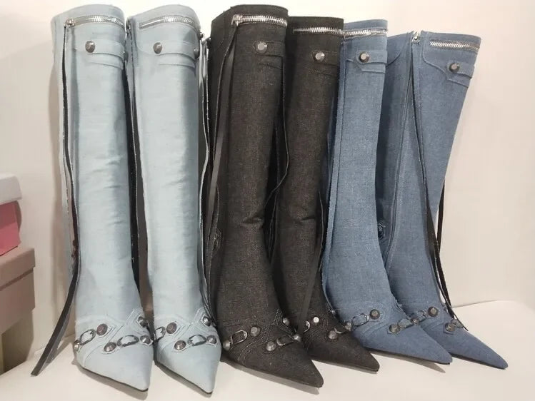 New 2024 Brand Design Knee High Boots Fashion Rivet Pointed Thin Heel Women's Boots 34-43 Fashion Hot Girls Denim Model Boots