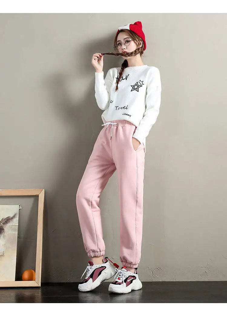 Women's Fleece Lined Joggers Winter Plush Pants High Waist Adjustable Drawstring Lounge Street Comfortable Casual Trousers