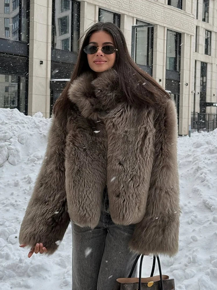 Woman Mixed Color Long Faux Fur Coat Fashion Lapel Collar Full Sleeve Loose Overcoat 2025 Winter Lady Warm High Street Outwear