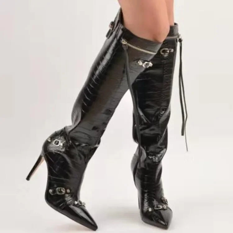 New 2024 Brand Design Knee High Boots Fashion Rivet Pointed Thin Heel Women's Boots 34-43 Fashion Hot Girls Denim Model Boots