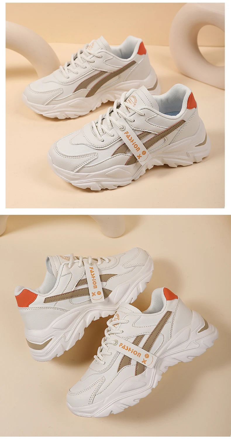 Casual Leather Sneakers for Women Autumn Winter Comfortable Walking Shoes Fashion Patchwork Thick Bottom Sports Shoes Female