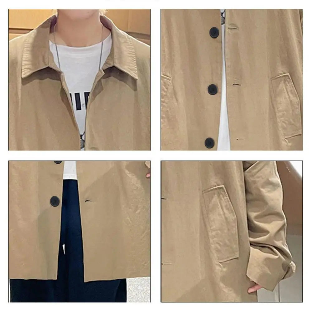 Men's British Style Long Jacket Single-breasted Lapel Long Sleeve Outdoor Casual High Street Male Coat Midi Outwear Mid-length