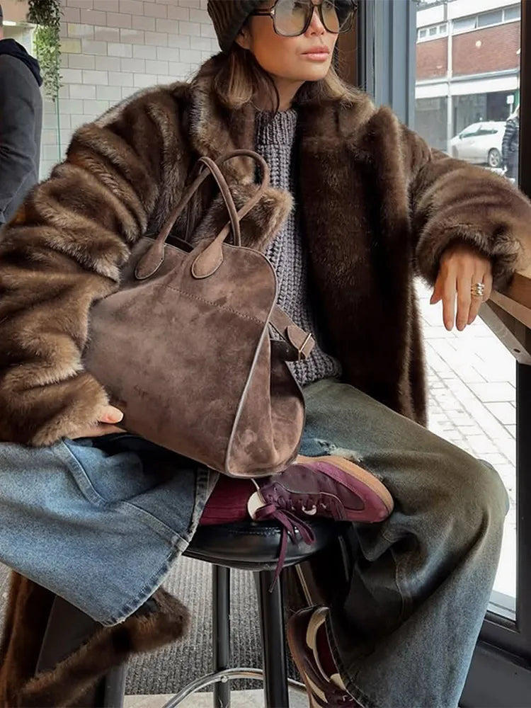 Woman Mixed Color Long Faux Fur Coat Fashion Lapel Collar Full Sleeve Loose Overcoat 2025 Winter Lady Warm High Street Outwear