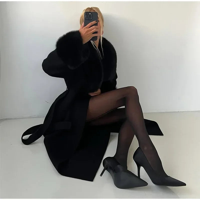 Retro Black Fur Patchwork Woolen Coat Women Chic Full Sleeve V-neck Lace Up Loose Long Overcoat 2025 Lady Winter Commute Outwear
