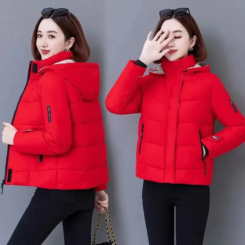 Thick Fleece Cotton Parkas Women Puffer Jacket Winter Fashion Warm Hooded Short Down Jacket Lady Casual Solid Zipper Padded Coat