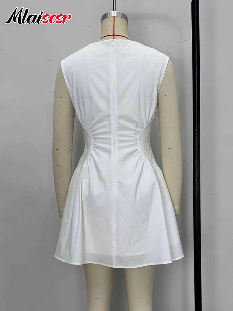 Mlaiscsr Elegant White A-line Mini Dress Women Autumn O Neck Sleeveless Nightclub Sexy Birthday Party Europe and America Vestido