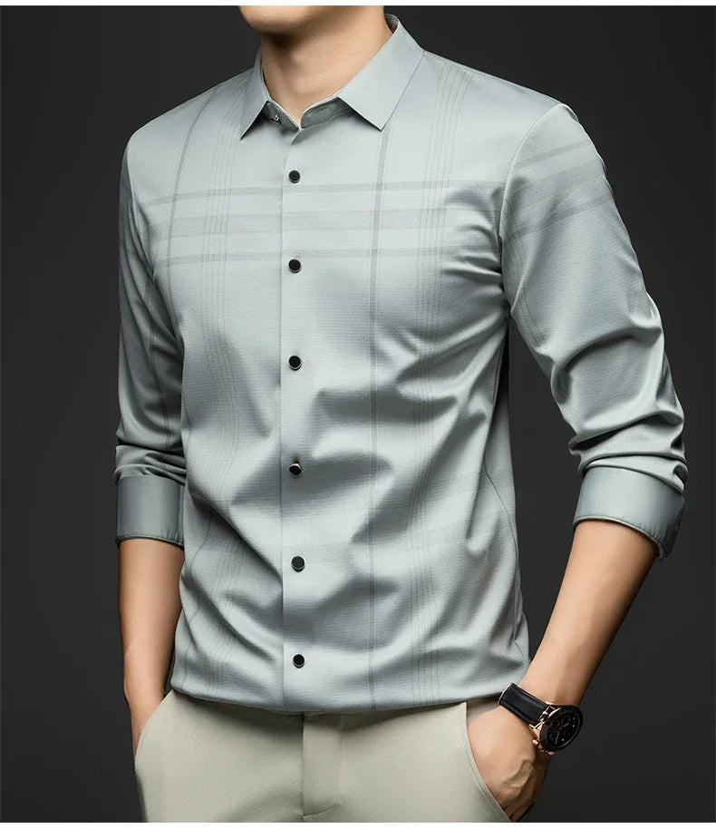 BROWON Formal Shirt Men 2025 Autumn New Long Sleeve Male Shirt Fashion Business Mulberry Silk Striped Shirts for Man Wear
