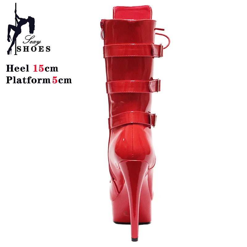 15CM/6Inch Matte Black High Heels Belt Buckle Platform Runway Ankle Boots Lace-up Nightclub Knight Pole Dancing WESTERN Boots