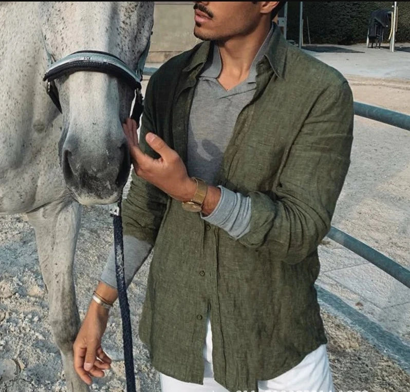 Men's casual long sleeve thin solid color lapel shirt