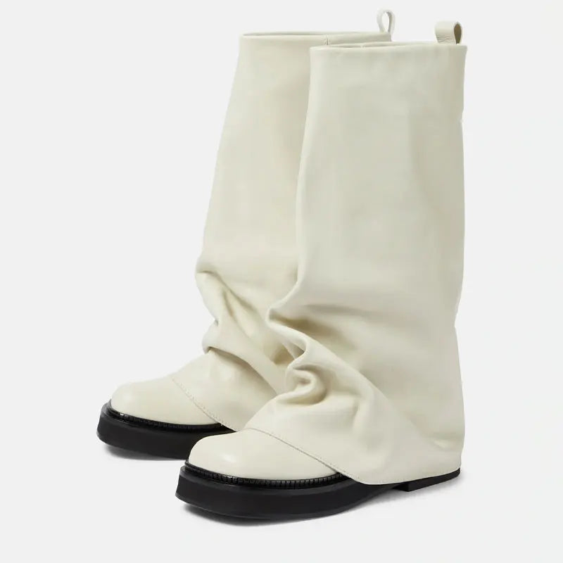 Women's New Autumn and Winter Calf Boots with Pleated Thick High Heels and Fashionable Oversized Street Leather Mid Leg Boots