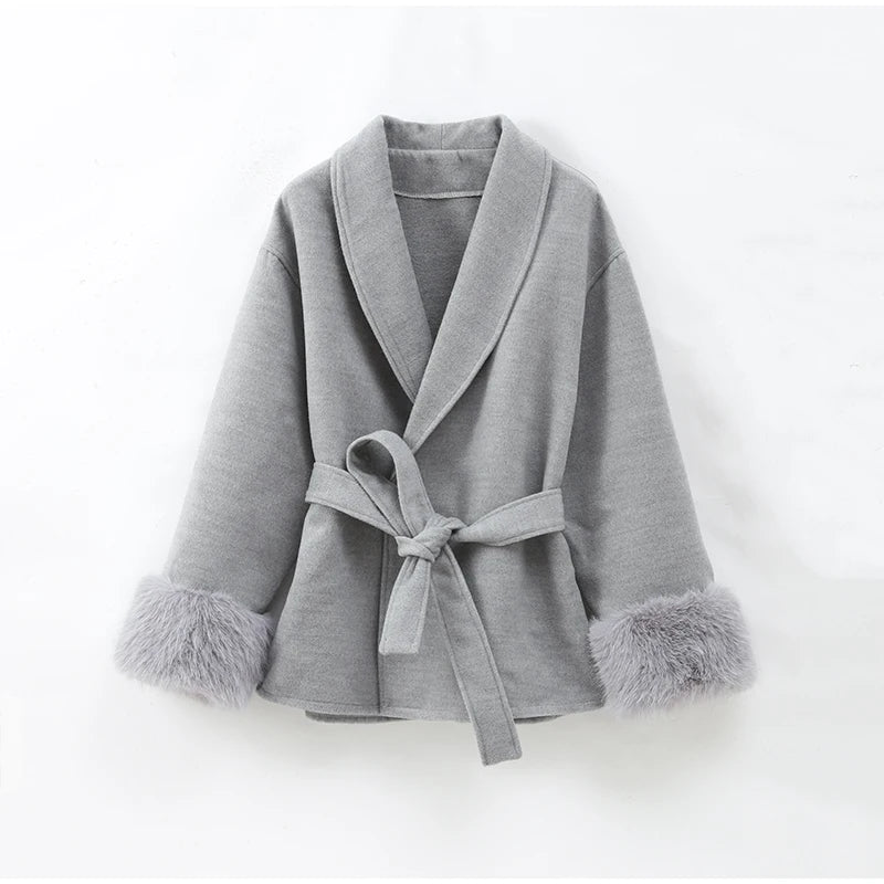 Elegant Lace Up Woolen Coat Women Solid Loose Lapel Furry Belt Long Sleeve Short Jacket 2025 Autumn Winter Lady Cardigan Outwear