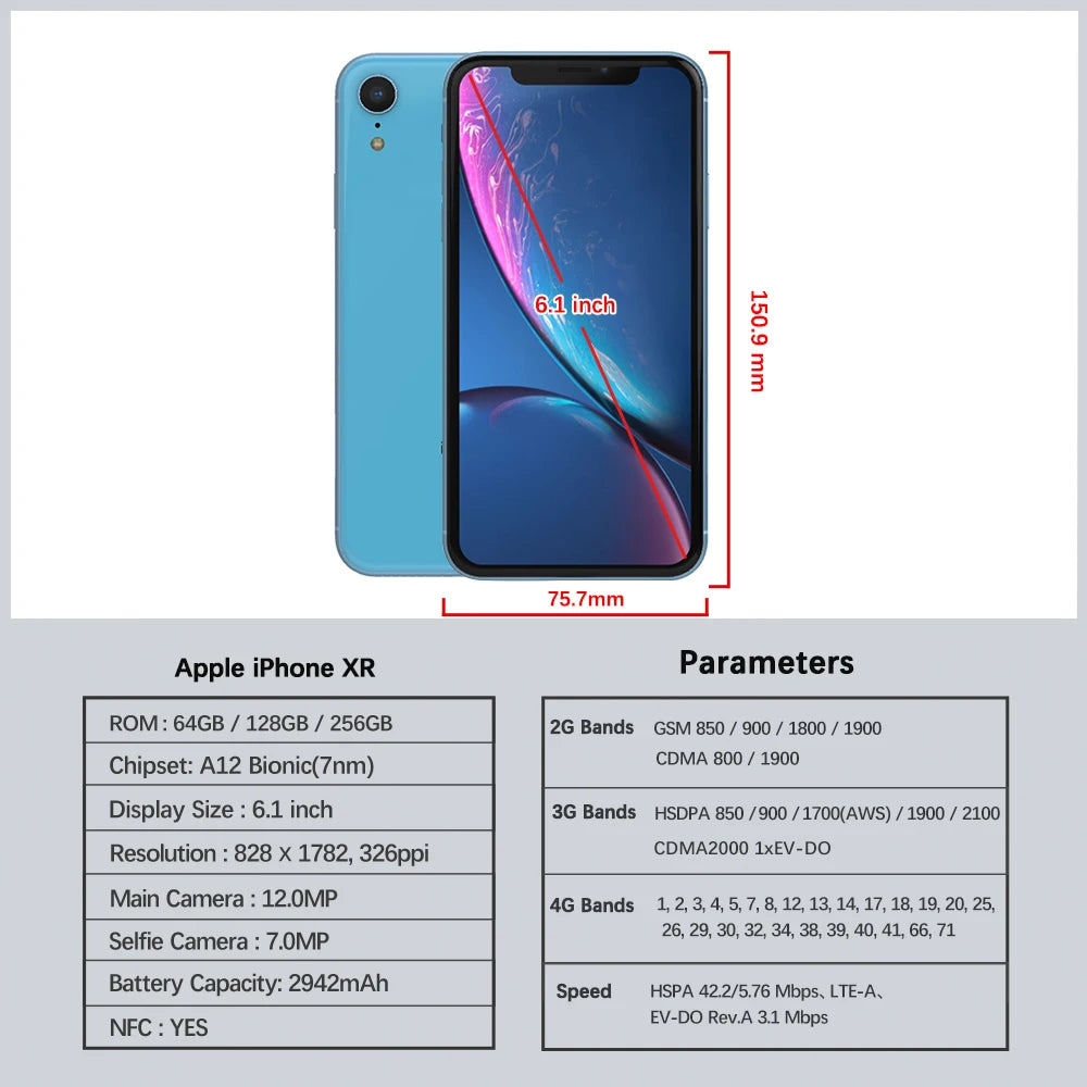 Apple iPhone XR 3G 4G LTE Mobile Cell Phone Original Unlocked Face ID 6.1" Retina 3GB RAM 64GB/128GB ROM 12MP IOS CellPhone