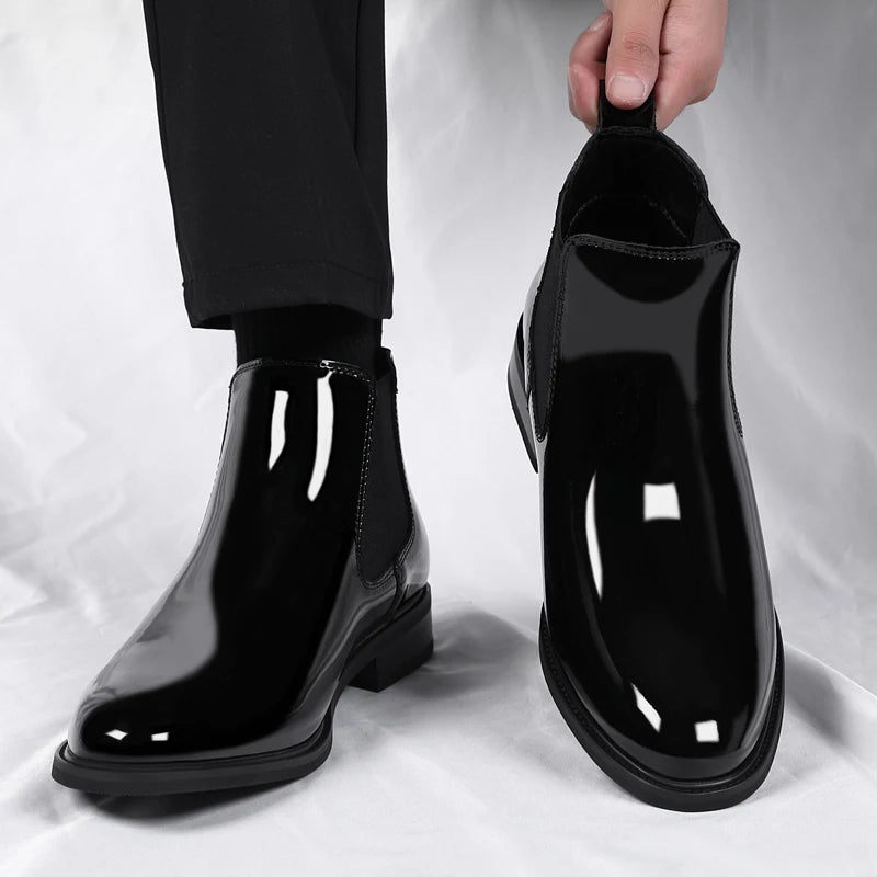 Height Increase Men's Shiny Leather Boots Pointed Formal Elevator Shoes Office Business Snow Boots Chelsea Winter Cotton Boots