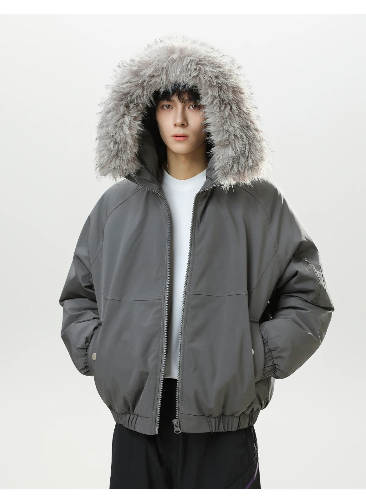 HANGRY 2025 Men's Detachable Fur Hood Parka Short Box Quilted Jacket Water-Resistant Workwear Winter Coat Thermal Insulated