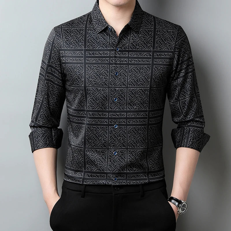 New Men's Casual Printed Long Sleeved Lapel Shirt for Spring and Autumn Fashion Comfortable Wrinkle Free Top Without Ironing